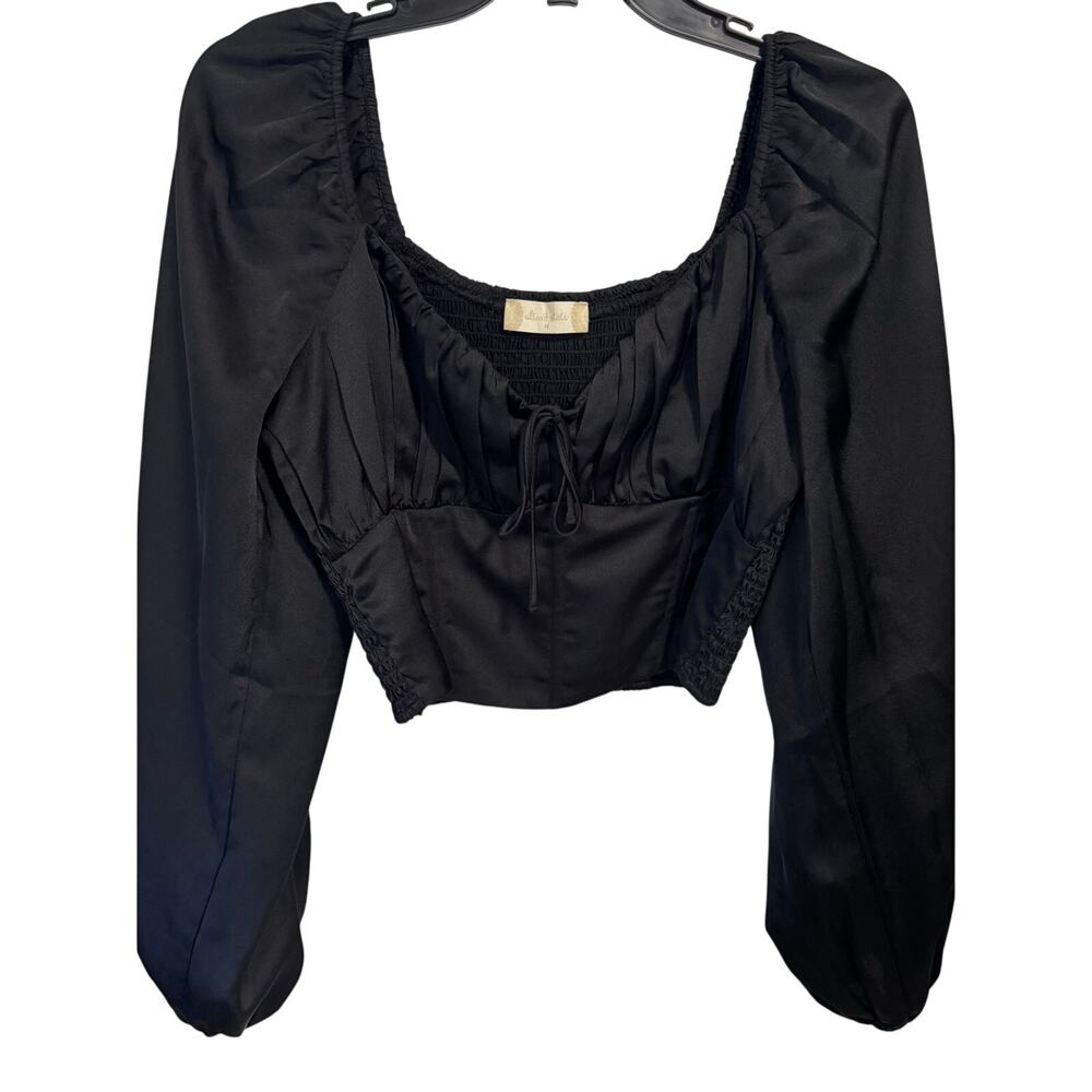 Black Satin Milk Maid-style Crop Square Off the Shoulder Neckline Lantern sleeve